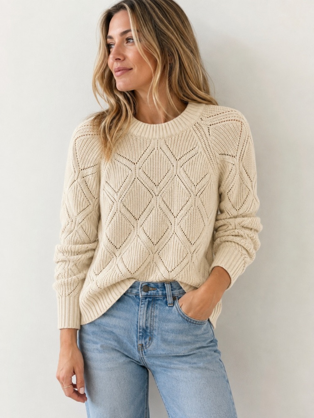 GAP Cream Open Knit Cable Sweater 100% Cotton, Large